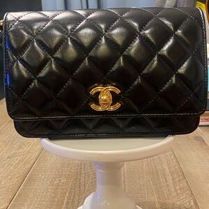 CHANEL Black Quilted Crossbody with Gold Logo (Open to Offers)😊